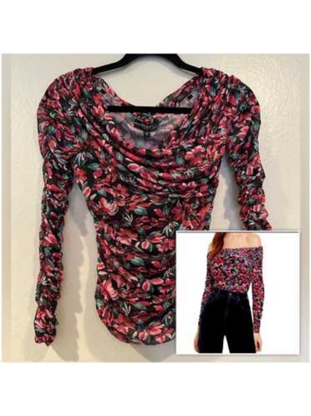 Guess Florencia Pink Floral Ruched Off Shoulder Top Medium - Picture 9 of 9